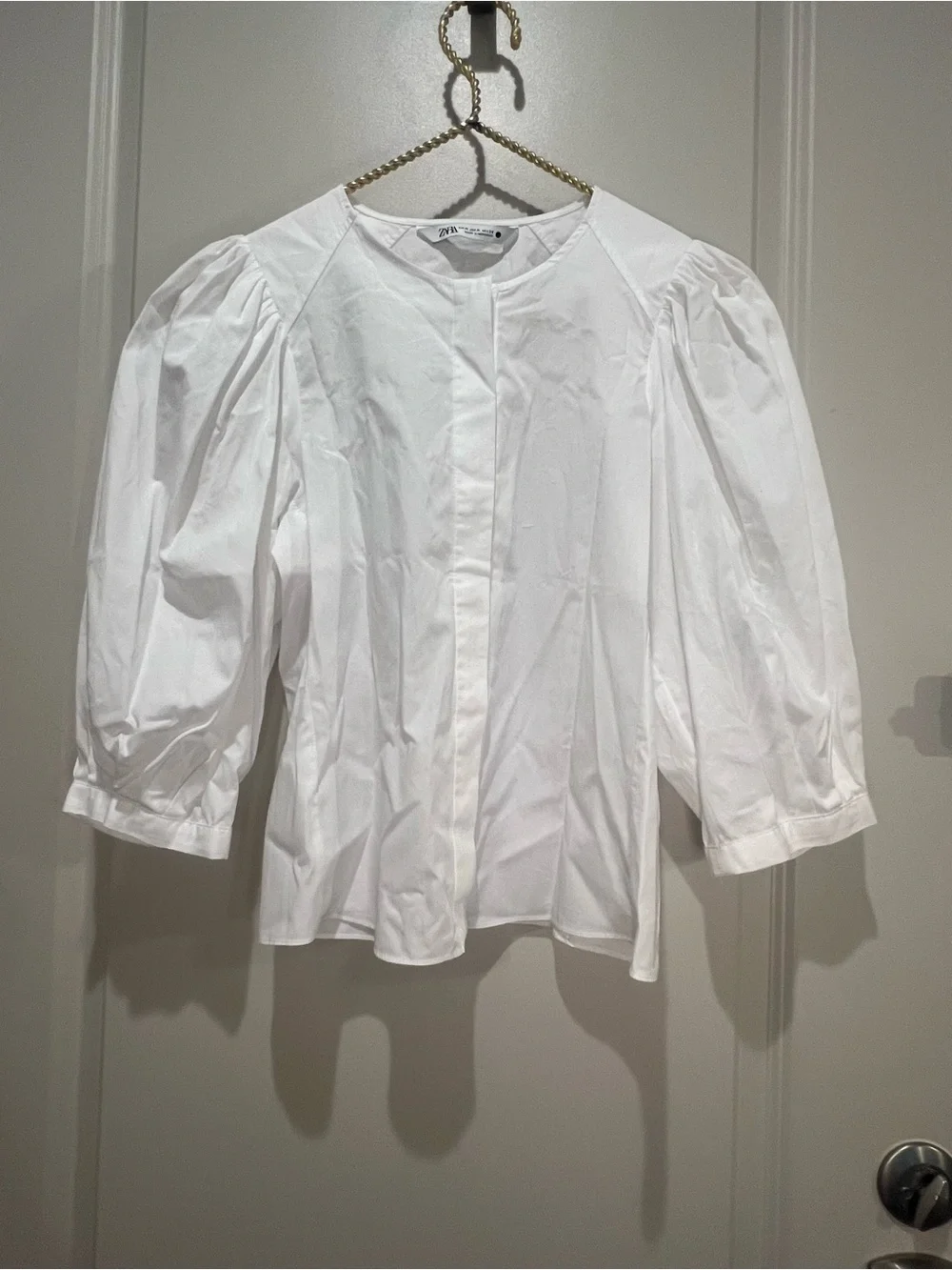 Zara White Cotton Poplin Puff Sleeve Blouse Size M NWOT